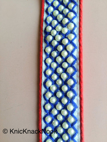 Red / Pink And White Fabric Trim With Blue / Black/ Yellow Embroidery With Off White Pearls, Approx. 40mm Wide - 200317L166 / 67 / 68Trim